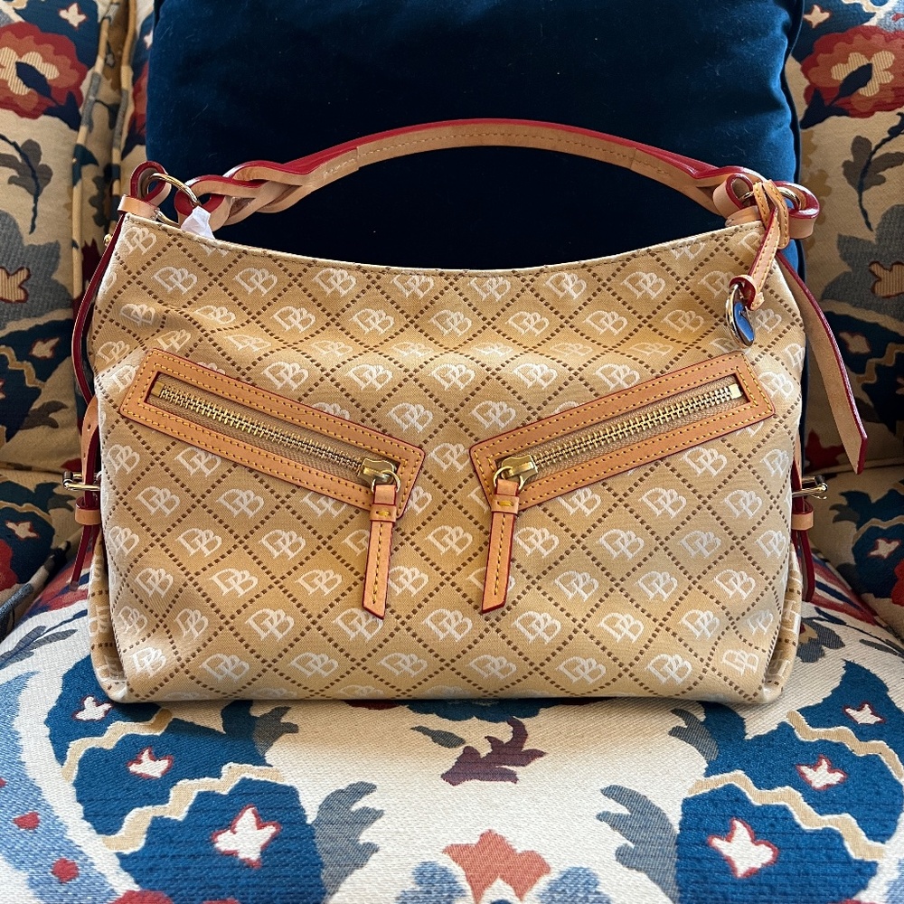 Dooney & Bourke Tan Cloth Shoulder Purse w/ Red Details - VGUC